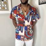 (XL) Multi- Color Men Bowling Style Abstract Print Collar Shirt - Image 3