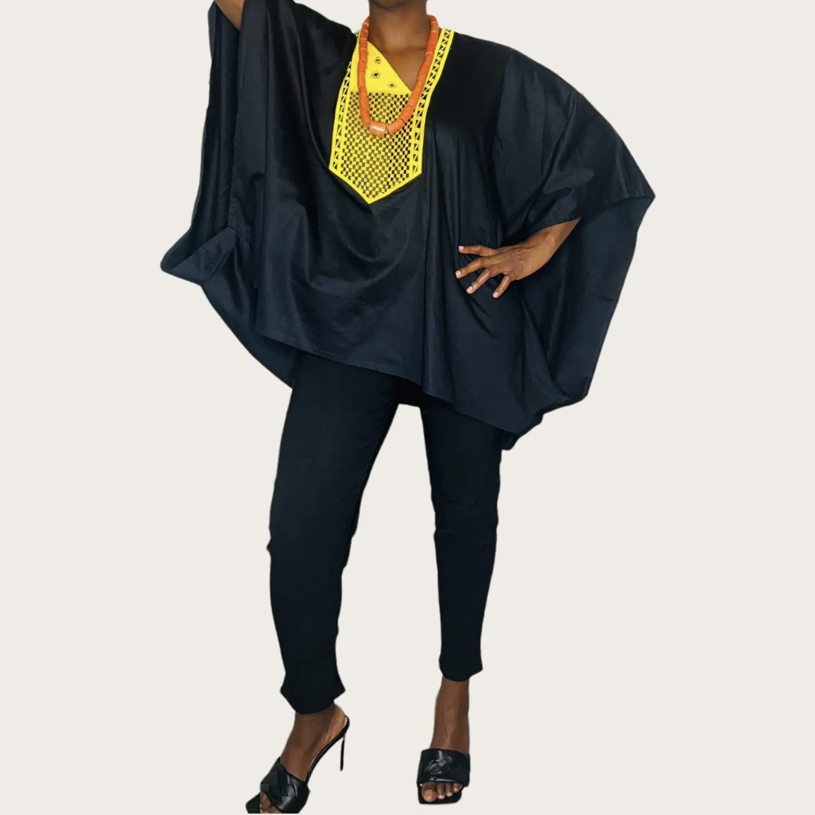 Screenshot (One Size) Women Black Agbada / Caftan Blouse With Yellow Embroidery Detail - Image 1