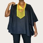 (One Size) Women Black Agbada / Caftan Blouse With Yellow Embroidery Detail - Image 4