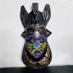 Ashanti Ghana African Glass Bead & Brass Black Wooden Carving Mask Home Decor