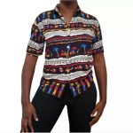 (Medium) Vintage Afro Hawaiian Black, White, and Multi Color Women Collar Shirt