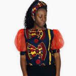 Puffy Sleeve African Print Women Blue and Red Blouse With Scarf