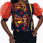 Puffy Sleeve African Print Women Blue and Red Blouse With Scarf - Image 2