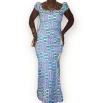 (L/XL) Authentic Kente Fabric Women Blue, Yellow, and Pink Blouse And Skirt