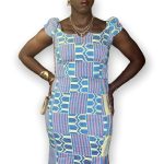 (L/XL) Authentic Kente Fabric Women Blue, Yellow, and Pink Blouse And Skirt - Image 4