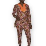 (Medium) Women Nigerian Senator Style Orange And Multi Color Top And Pants