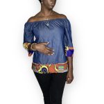 (Large) Women Loose Fit Blue Jean Blouse With Multi Color Ankara Print Detail - Image 2