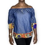 (Large) Women Loose Fit Blue Jean Blouse With Multi Color Ankara Print Detail - Image 4