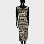 (Medium) Vintage Brown and Black Abstract Print Women MIDI Dress