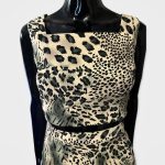 (Large) Green and Beige Vintage Leopard Print Stretchy Women Two Piece Blouse And Skirt - Image 5