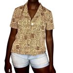(Large) Vintage Light Brown Tribal Print Women Collar Shirt
