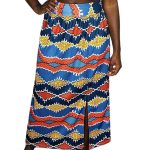 (2XL) Blue, Yellow, and Orange African Print Long Women Skirt