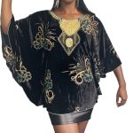 (Large) Black Velvet Women Caftan Butterfly Blouse with Rhinestones
