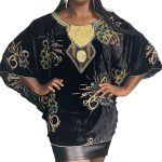 (Large) Black Velvet Women Caftan Butterfly Blouse with Rhinestones - Image 2