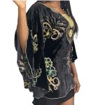 (Large) Black Velvet Women Caftan Butterfly Blouse with Rhinestones - Image 3