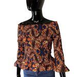 (Small) African Print Orange and Blue Bell Wrist Women Stretchy Blouse