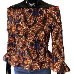 (Small) African Print Orange and Blue Bell Wrist Women Stretchy Blouse - Image 2