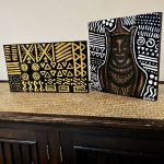 African Black and Yellow Tribal Print Wooden Block Painting - Image 3
