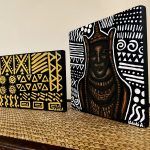 African Black and Yellow Tribal Print Wooden Block Painting - Image 4