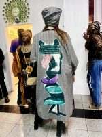 (One Size) Vintage African Lady Patch, Plaid Gray Long Blazer & Wrapper Skirt/Scarf 2 Piece - Image 2
