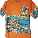 (Size 7) Orange Unisex Kids Shirt with Turquoise Ankara Print Detail - Image 2
