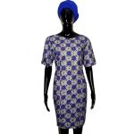 (Medium) Ankara Print Blue with Gold and Purple Detail Short Women Dress