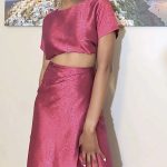 (Medium) Dark Hot Pink Tribal Designing Crop Top Blouse and Wrapper - Image 2