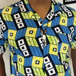 Men African Print Bowling Style Green, Blue, And Yellow Collar Shirt - Image 3