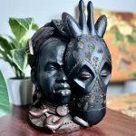 African Vintage Man & Giraffe Mesh Tribal Statue