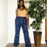 All of Africa Women Dark Blue & White Mudcloth Design Bell Bottom High Waist Pants
