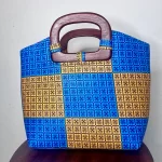 Blue & Yellow African Print Large Purse With Wooden Handles