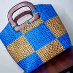 Blue & Yellow African Print Large Purse With Wooden Handles - Image 2