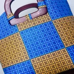 Blue & Yellow African Print Large Purse With Wooden Handles - Image 3