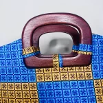 Blue & Yellow African Print Large Purse With Wooden Handles - Image 4