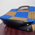 Blue & Yellow African Print Large Purse With Wooden Handles - Image 5