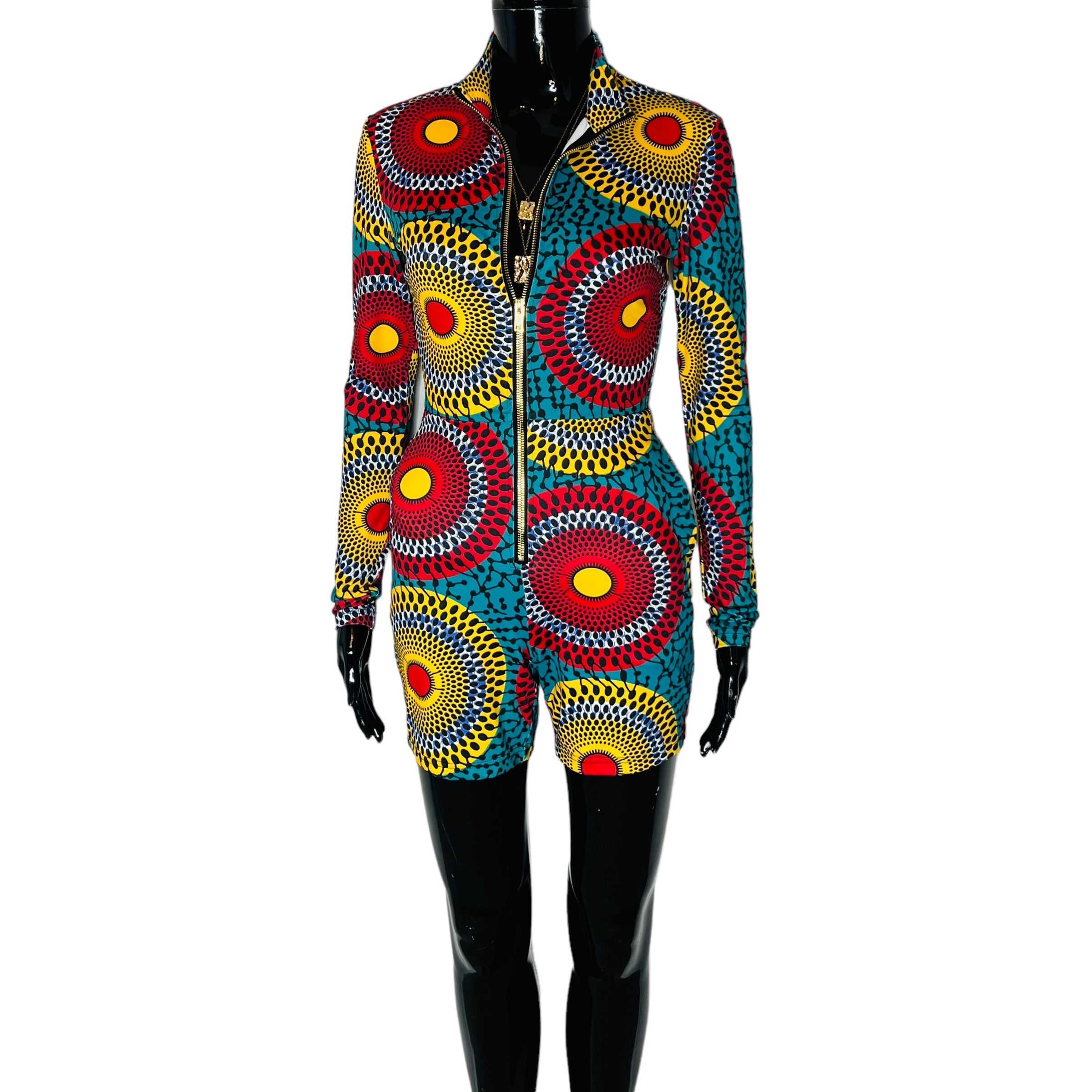 PhotoRoom_007_20240115_202440.jpeg African Print Multicolor Stretchy Women Long Sleeve Short Romper/ Body Suit - Image 1