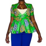 Green African Print Low V-Neck Flare Out Women Blouse ￼