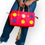 Handmade African Red Handbag with Multicolored Polkadot Embroidery