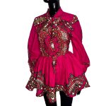 African Print Bow Tie Flair Out Pink Blouse - Image 2
