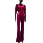 (Medium) Velvet Stretchy Maroon Women Bell Bottom Romper/ Jumpsuit/ One Piece - Image 2