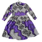 Purple, Black, & White Women African Print Bowtie Flowing Dress ￼