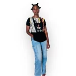 (Large) 90s Vintage African Tribal Prints Black Blouse w/ Attached Tribal Necklace