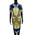 (M/L) Blue & Yellow Women African Print Fitted Dress w/ Ivory Chest Embroidery