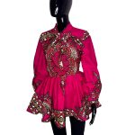 African Print Bow Tie Flair Out Pink Blouse