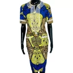 (M/L) Blue & Yellow Women African Print Fitted Dress w/ Ivory Chest Embroidery - Image 2