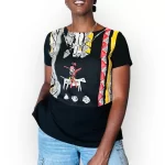 (Large) 90s Vintage African Tribal Prints Black Blouse w/ Attached Tribal Necklace - Image 3