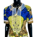 (M/L) Blue & Yellow Women African Print Fitted Dress w/ Ivory Chest Embroidery - Image 3