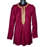 (Large) Maroon Nigerian Senator Style African Men Long Shirt w/ Gold Embroidery