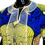(M/L) Blue & Yellow Women African Print Fitted Dress w/ Ivory Chest Embroidery - Image 5