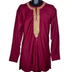 (Large) Maroon Nigerian Senator Style African Men Long Shirt w/ Gold Embroidery - Image 2